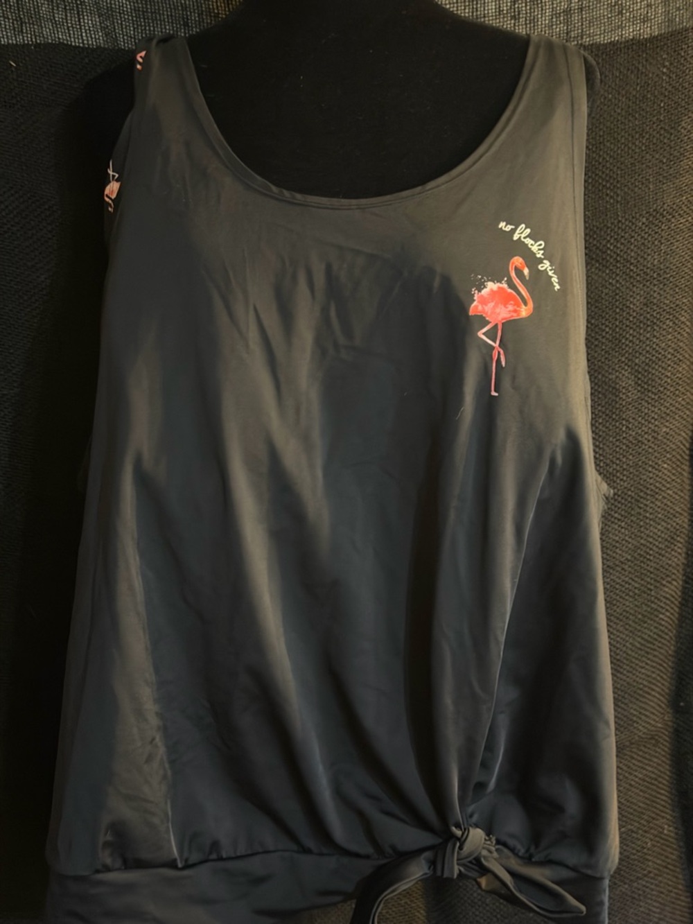 EUC Women's Tankini Top w/ Flamingo Print Bra “No Flocks Given” logo. Size 28